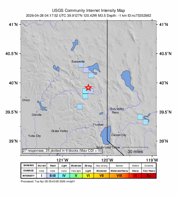 USGS DYFI community-reported intensity map for the M3.5 earthquake near 7 km NE of Lake Davis, CA