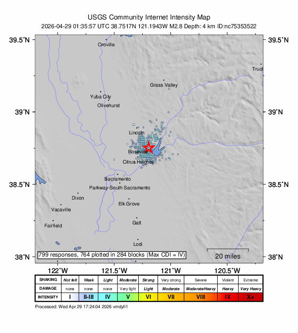 USGS DYFI community-reported intensity map for the M2.8 earthquake near 3 km WSW of Granite Bay, CA