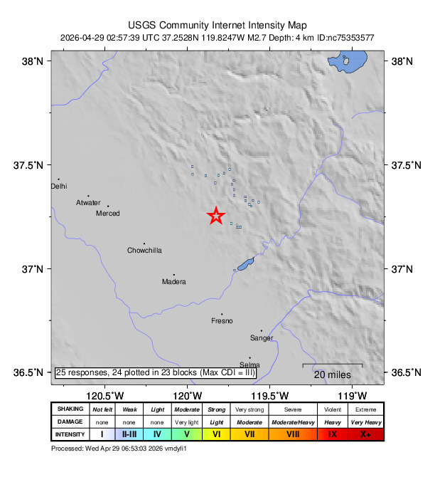 USGS DYFI community-reported intensity map for the M2.7 earthquake near 8 km NW of Yosemite Lakes, CA