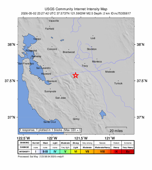 USGS DYFI community-reported intensity map for the M2.5 earthquake near 20 km SE of Livermore, CA