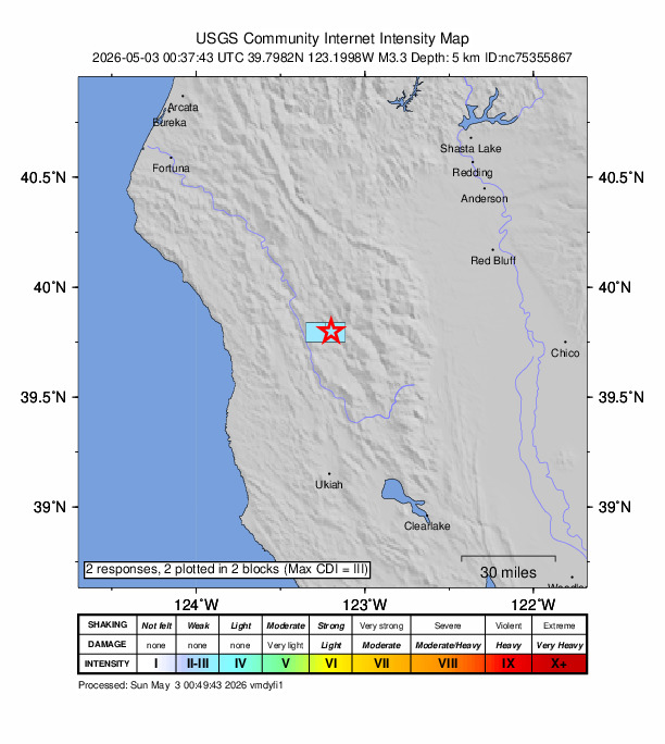 USGS DYFI community-reported intensity map for the M3.3 earthquake near 4 km E of Covelo, CA