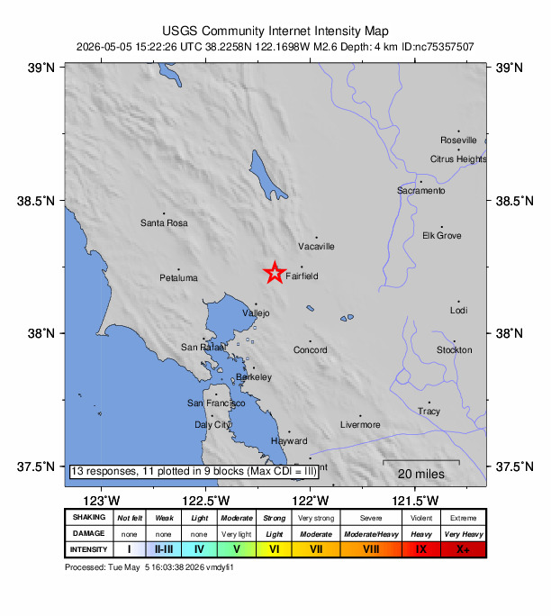 USGS DYFI community-reported intensity map for the M2.6 earthquake near 3 km SSW of Green Valley, CA
