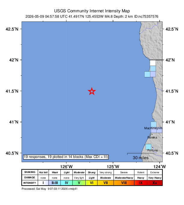 USGS DYFI community-reported intensity map for the M4.8 earthquake near 108 km WSW of Crescent City, CA