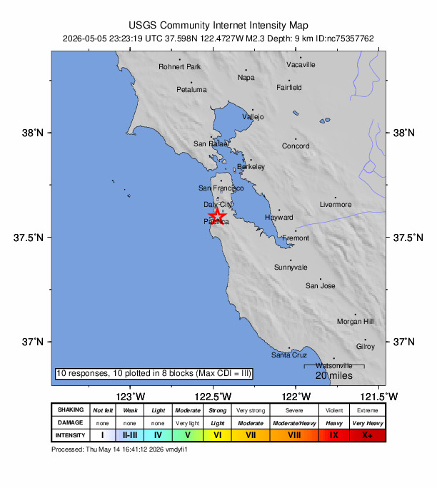 USGS DYFI community-reported intensity map for the M2.3 earthquake near 2 km SE of Pacifica, CA