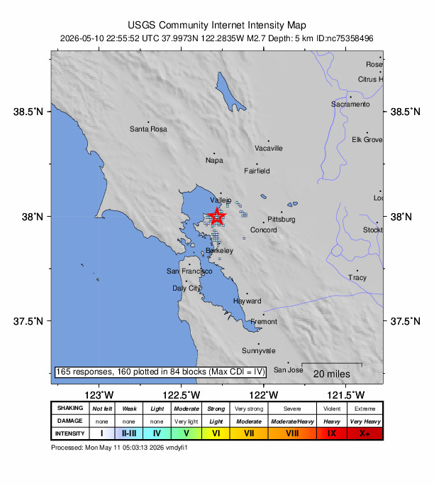 USGS DYFI community-reported intensity map for the M2.7 earthquake near 2 km ESE of Pinole, CA