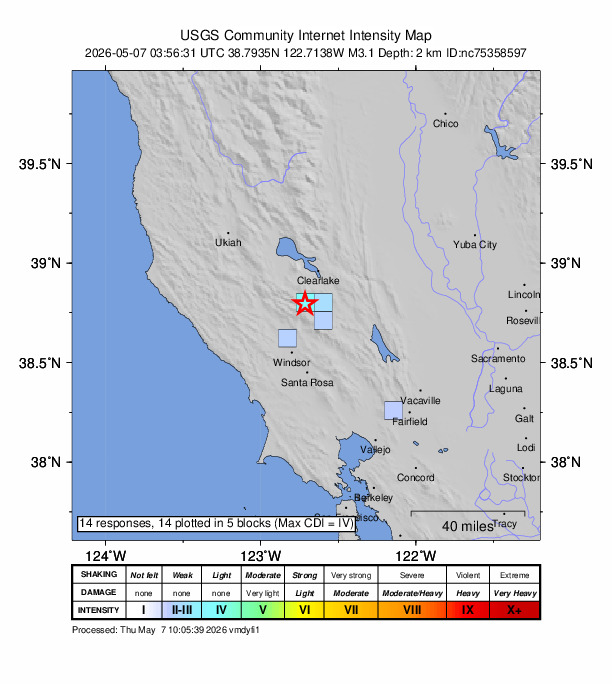USGS DYFI community-reported intensity map for the M3.1 earthquake near 3 km NW of Anderson Springs, CA