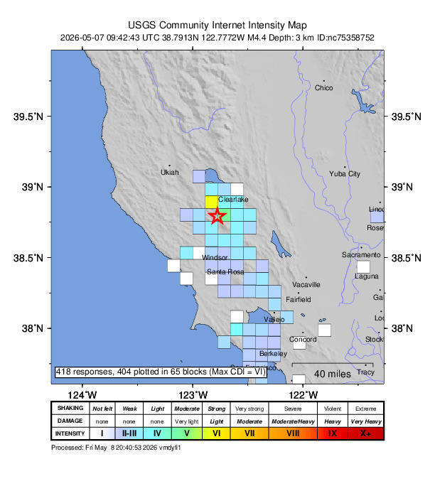 USGS DYFI community-reported intensity map for the M4.4 earthquake near 2 km NW of The Geysers, CA