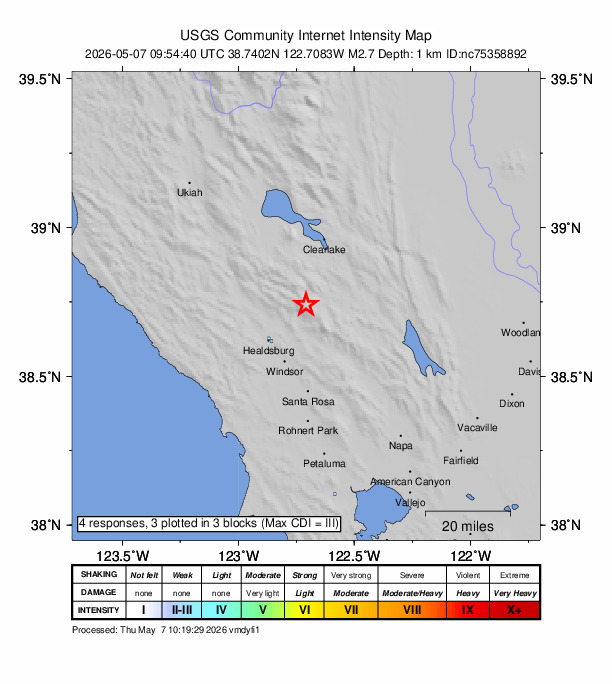 USGS DYFI community-reported intensity map for the M2.7 earthquake near 4 km SSW of Anderson Springs, CA