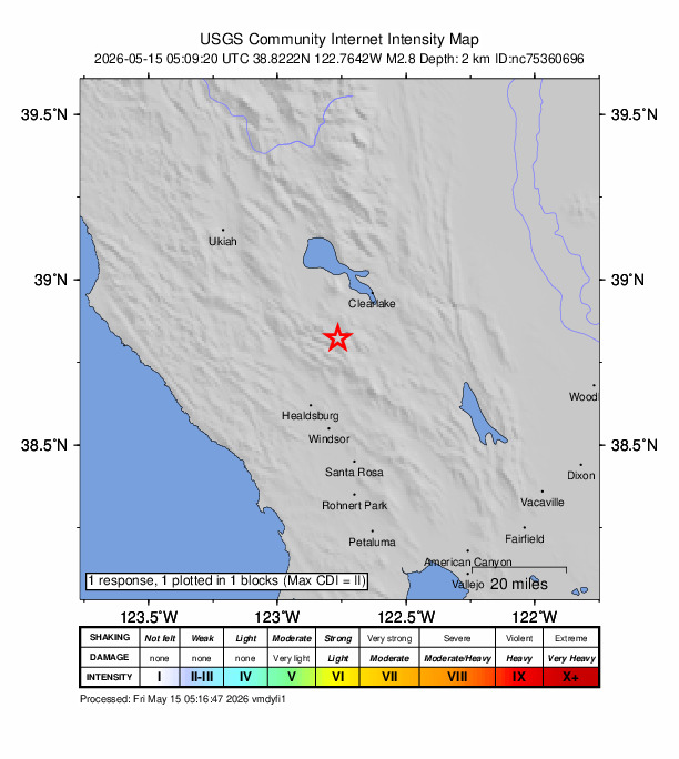 USGS DYFI community-reported intensity map for the M2.8 earthquake near 4 km W of Cobb, CA