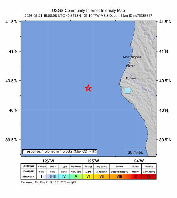 USGS DYFI community-reported intensity map for the M3.9 earthquake near 70 km W of Petrolia, CA