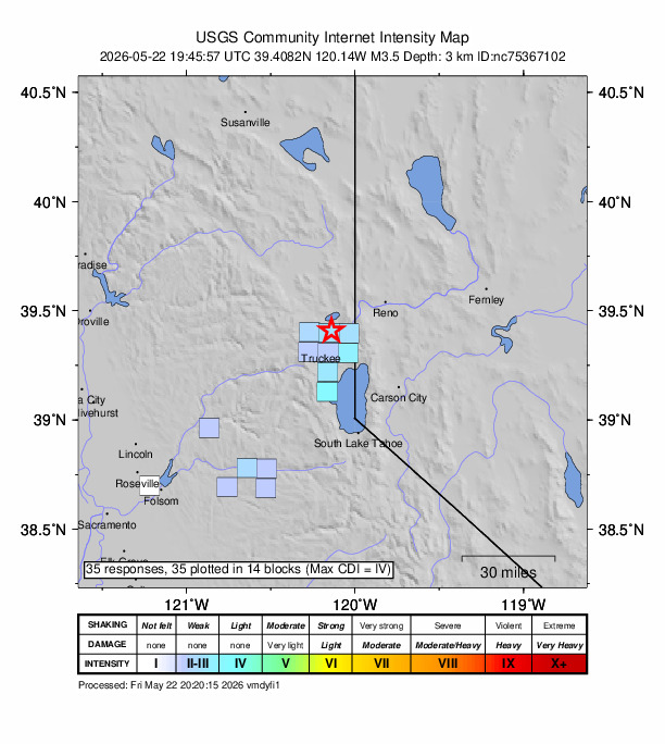USGS DYFI community-reported intensity map for the M3.5 earthquake near 10 km NNE of Truckee, CA