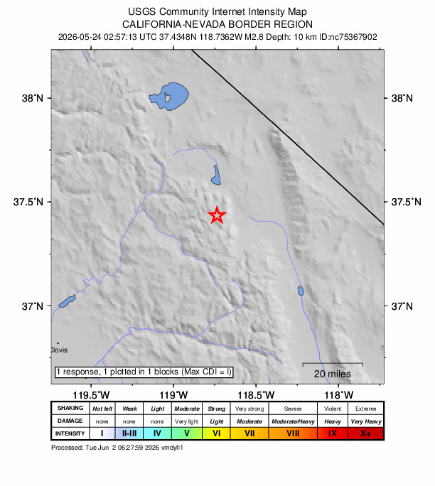 USGS DYFI community-reported intensity map for the M2.8 earthquake near 12 km W of Round Valley, CA