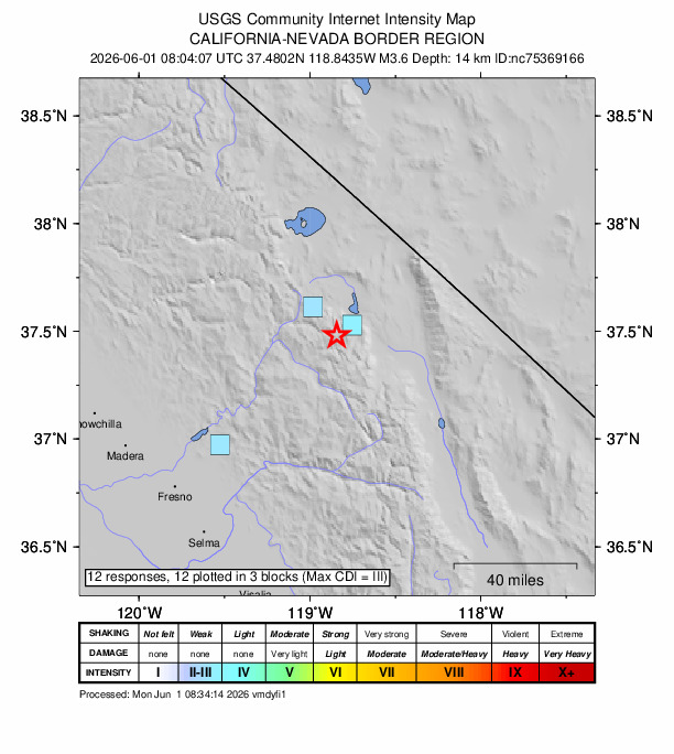 USGS DYFI community-reported intensity map for the M3.6 earthquake near 17 km WSW of Toms Place, CA