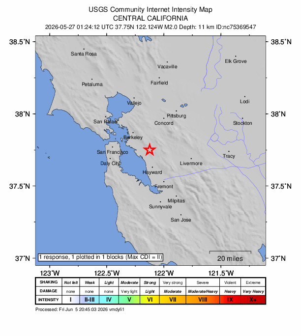 USGS DYFI community-reported intensity map for the M2.0 earthquake near 4 km NE of San Leandro, CA