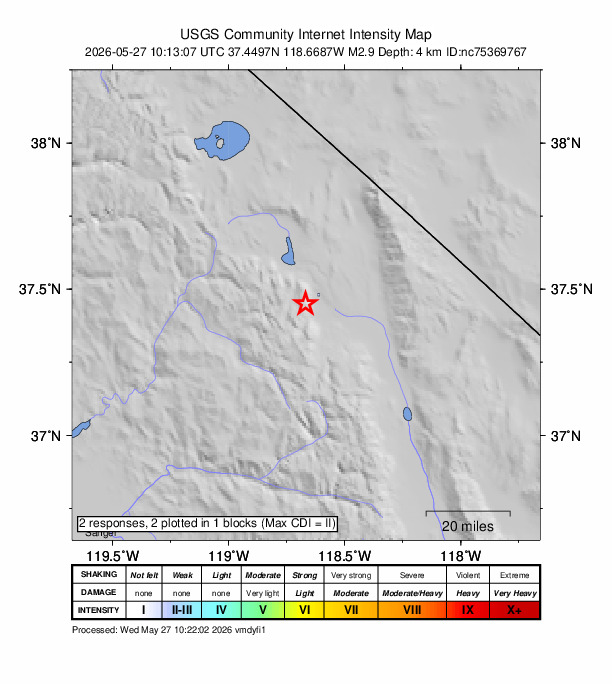 USGS DYFI community-reported intensity map for the M2.9 earthquake near 7 km WNW of Round Valley, CA