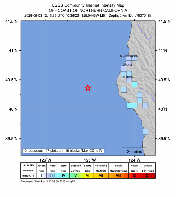 USGS DYFI community-reported intensity map for the M5.1 earthquake near 64 km W of Petrolia, CA