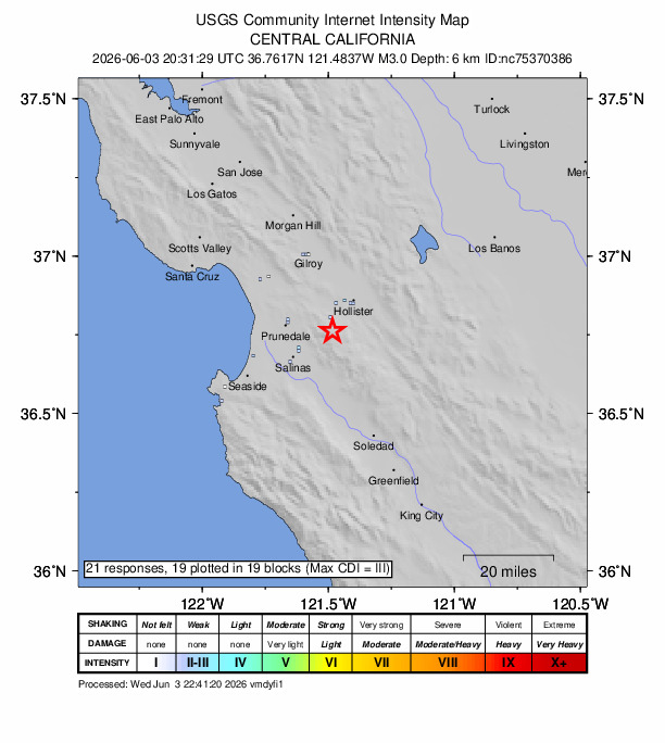 USGS DYFI community-reported intensity map for the M3.0 earthquake near 11 km SSE of San Juan Bautista, CA