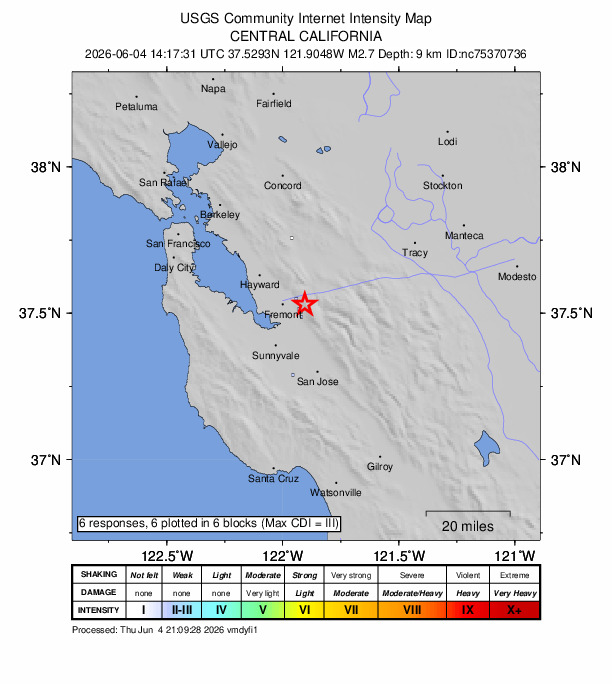 USGS DYFI community-reported intensity map for the M2.7 earthquake near 7 km ESE of Fremont, CA