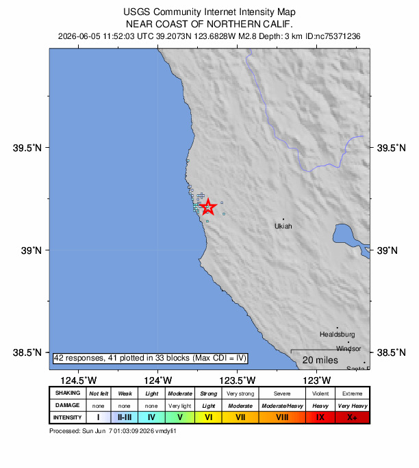 USGS DYFI community-reported intensity map for the M2.8 earthquake near 7 km E of Navarro Head, CA