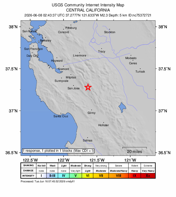 USGS DYFI community-reported intensity map for the M2.3 earthquake near 16 km N of Morgan Hill, CA