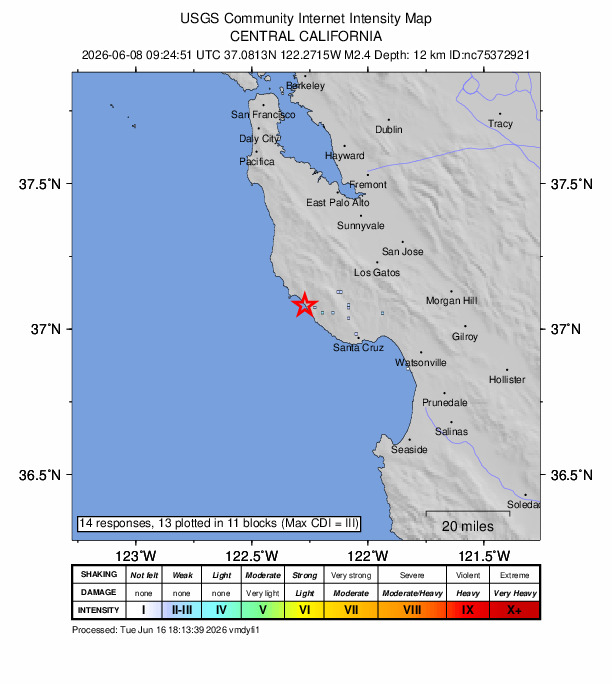 USGS DYFI community-reported intensity map for the M2.4 earthquake near 12 km WNW of Bonny Doon, CA