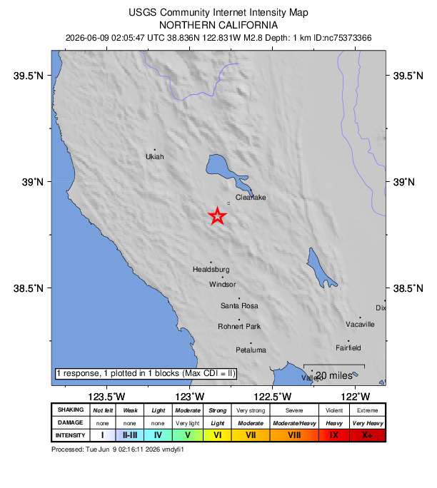 USGS DYFI community-reported intensity map for the M2.8 earthquake near 9 km NW of The Geysers, CA