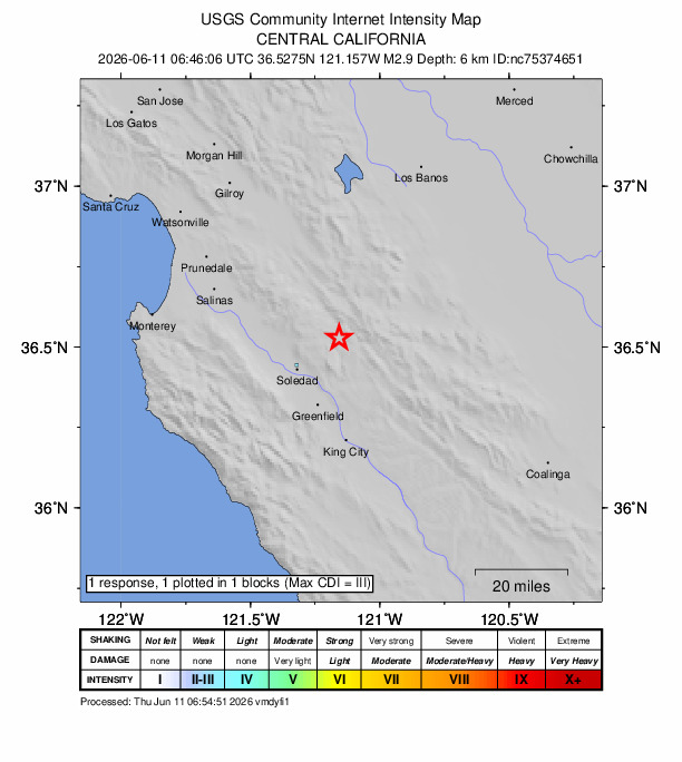 USGS DYFI community-reported intensity map for the M2.9 earthquake near 1 km WSW of Pinnacles, CA