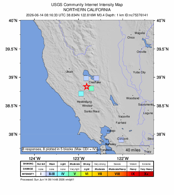 USGS DYFI community-reported intensity map for the M3.4 earthquake near 8 km NW of The Geysers, CA