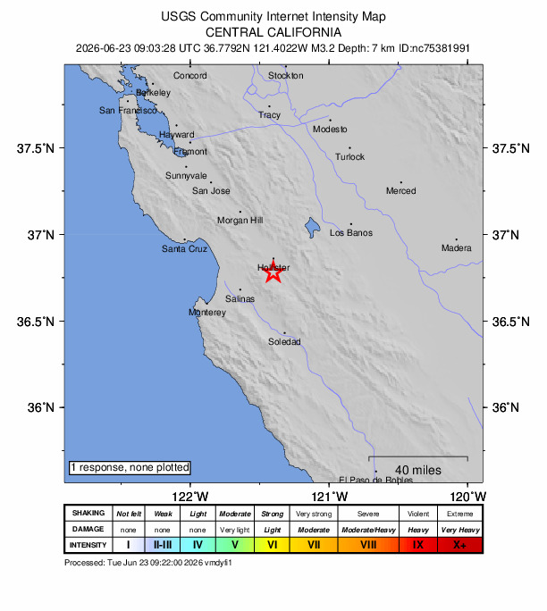 USGS DYFI community-reported intensity map for the M3.2 earthquake near 5 km SW of Ridgemark, CA