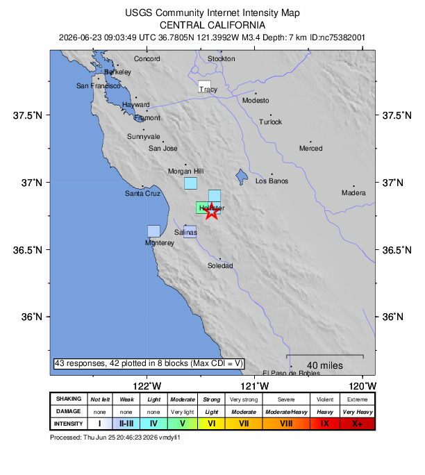 USGS DYFI community-reported intensity map for the M3.4 earthquake near 5 km SW of Ridgemark, CA