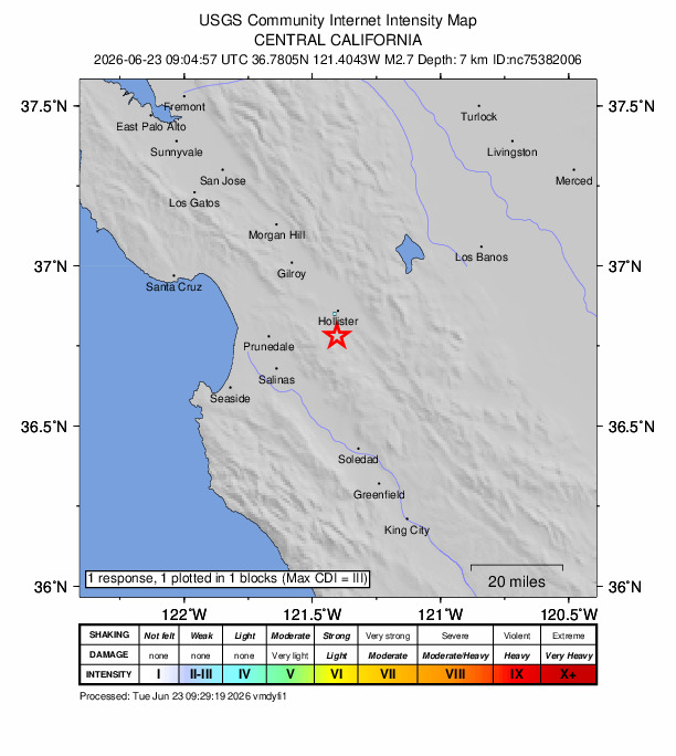 USGS DYFI community-reported intensity map for the M2.7 earthquake near 5 km SW of Ridgemark, CA