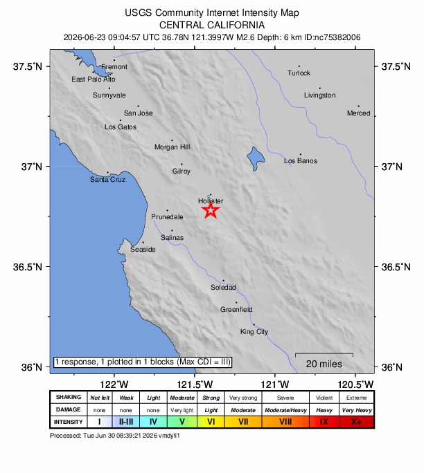 USGS DYFI community-reported intensity map for the M2.6 earthquake near 5 km SW of Ridgemark, CA