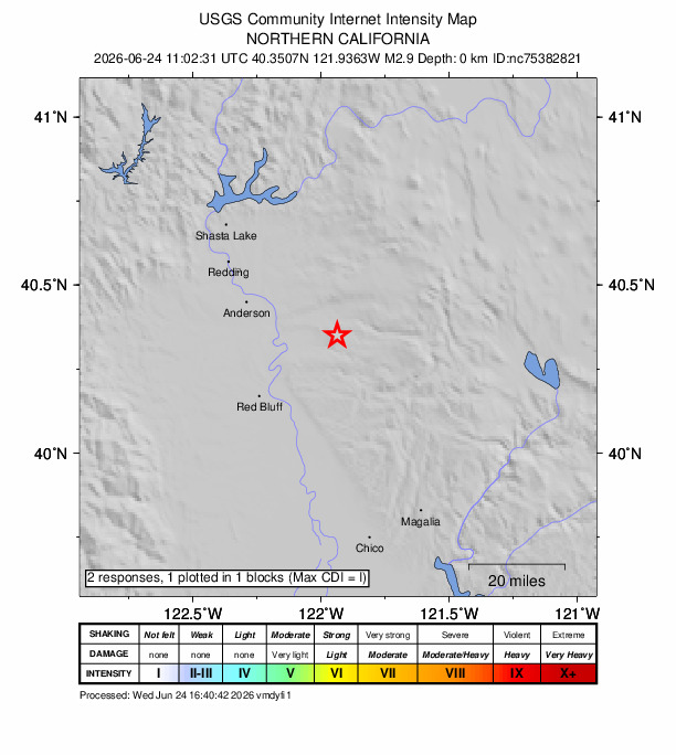 USGS DYFI community-reported intensity map for the M2.9 earthquake near 10 km SW of Manton, CA