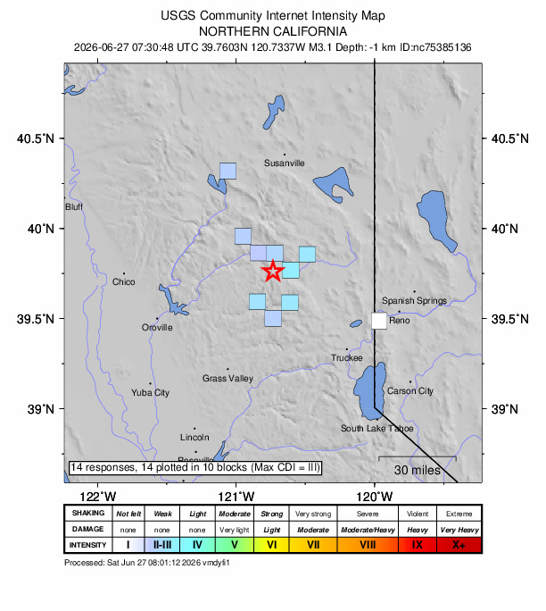 USGS DYFI community-reported intensity map for the M3.1 earthquake near 4 km WSW of Johnsville, CA