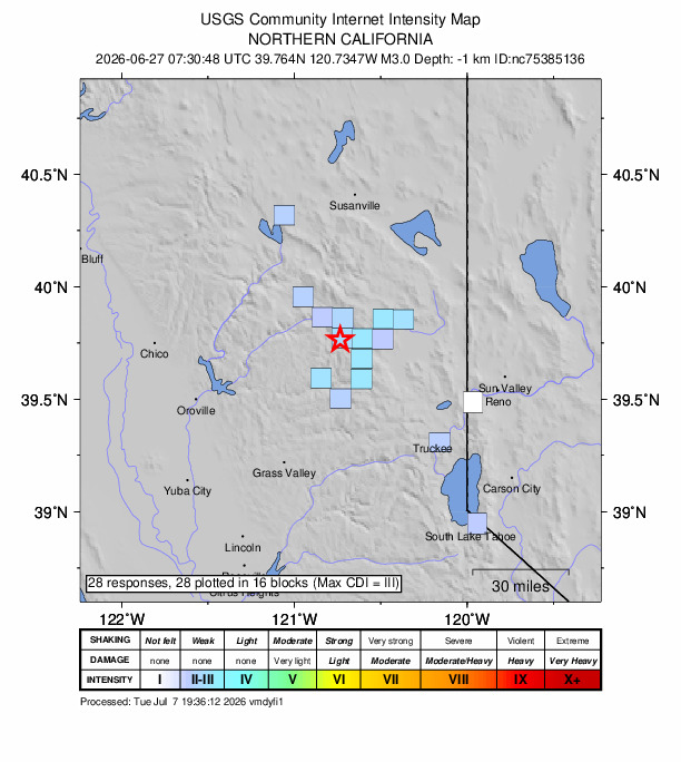 USGS DYFI community-reported intensity map for the M3.0 earthquake near 4 km WSW of Johnsville, CA