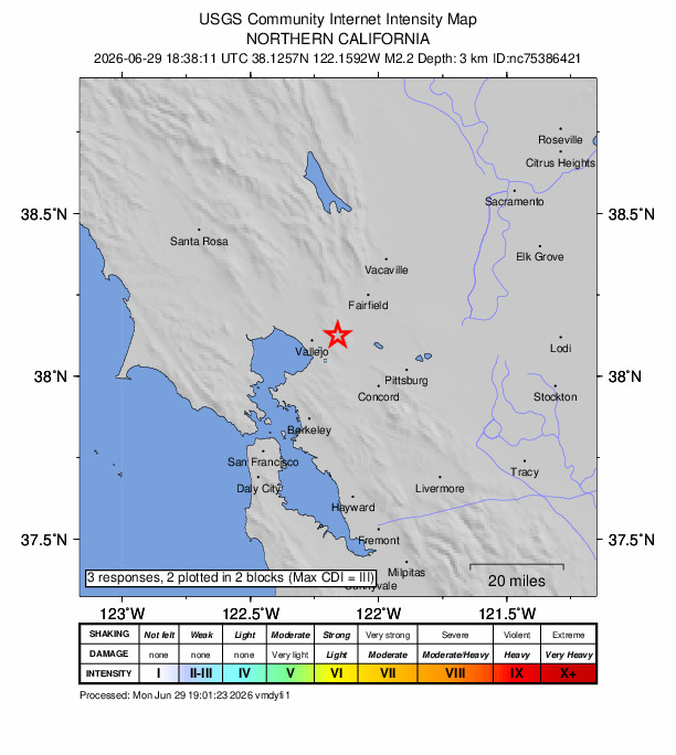 USGS DYFI community-reported intensity map for the M2.2 earthquake near 7 km ENE of Vallejo, CA