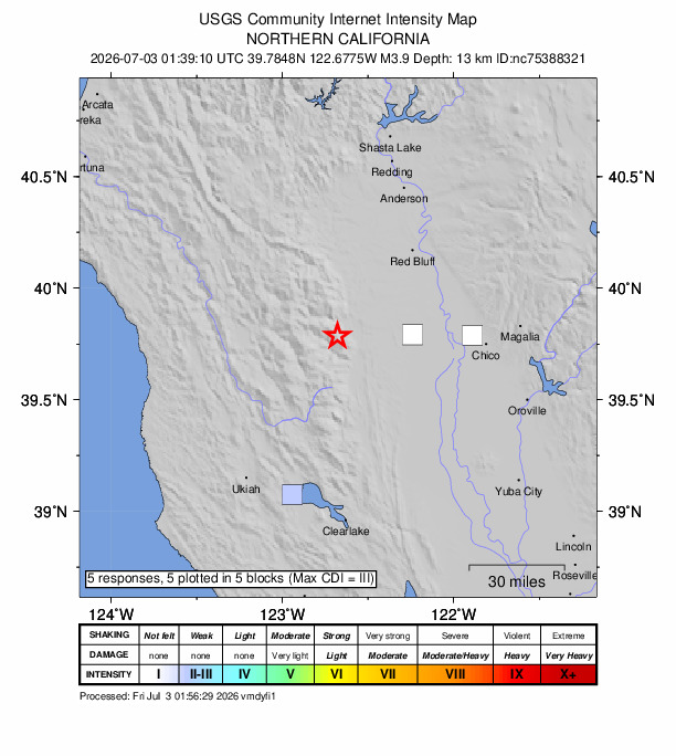 USGS DYFI community-reported intensity map for the M3.9 earthquake near 15 km NNE of Alder Springs, CA