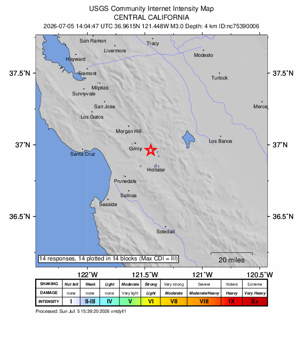 USGS DYFI community-reported intensity map for the M3.0 earthquake near 12 km ESE of Gilroy, CA