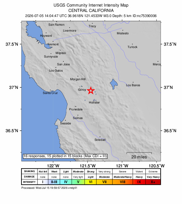 USGS DYFI community-reported intensity map for the M3.0 earthquake near 11 km ESE of Gilroy, CA