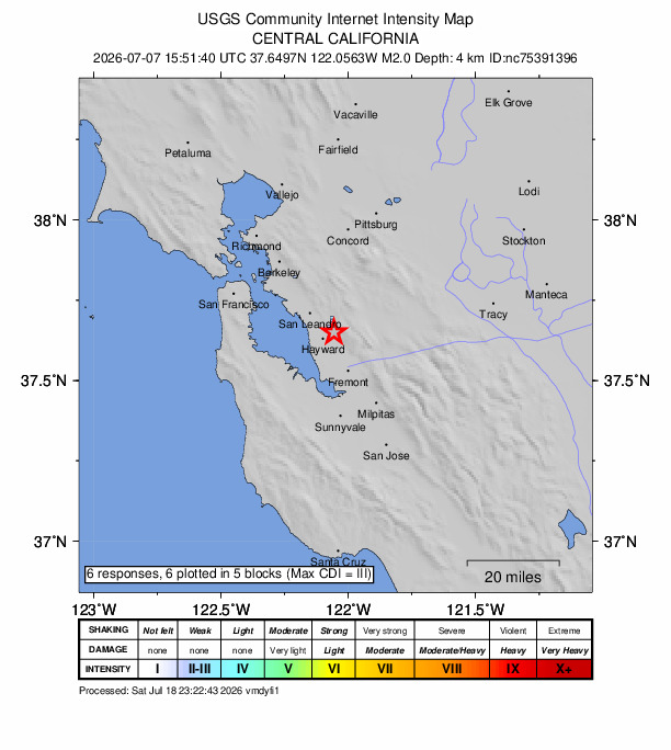 USGS DYFI community-reported intensity map for the M2.0 earthquake near 2 km ENE of Hayward, CA