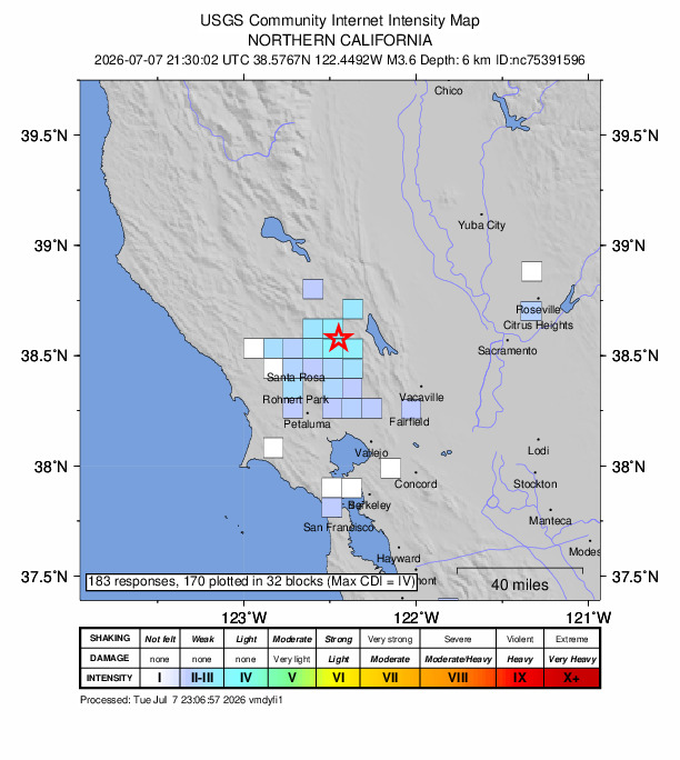 USGS DYFI community-reported intensity map for the M3.6 earthquake near 0 km NE of Angwin, CA