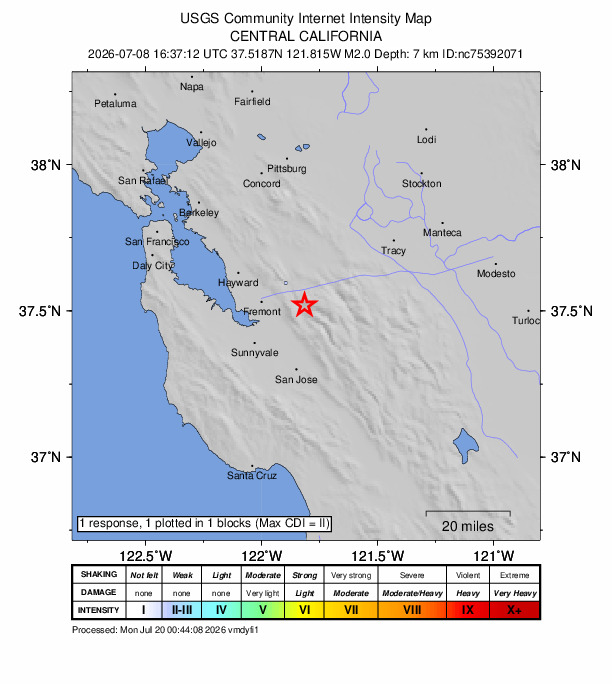 USGS DYFI community-reported intensity map for the M2.0 earthquake near 12 km SE of Sunol, CA