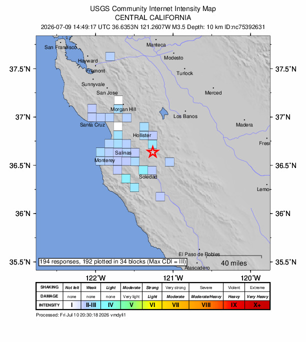 USGS DYFI community-reported intensity map for the M3.5 earthquake near 16 km NW of Pinnacles, CA