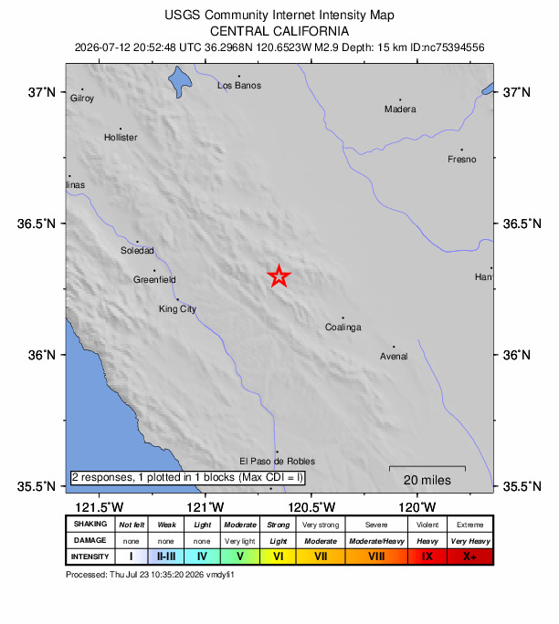 USGS DYFI community-reported intensity map for the M2.9 earthquake near 13 km S of New Idria, CA