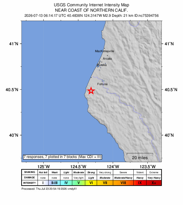 USGS DYFI community-reported intensity map for the M2.9 earthquake near 11 km SSW of Ferndale, CA