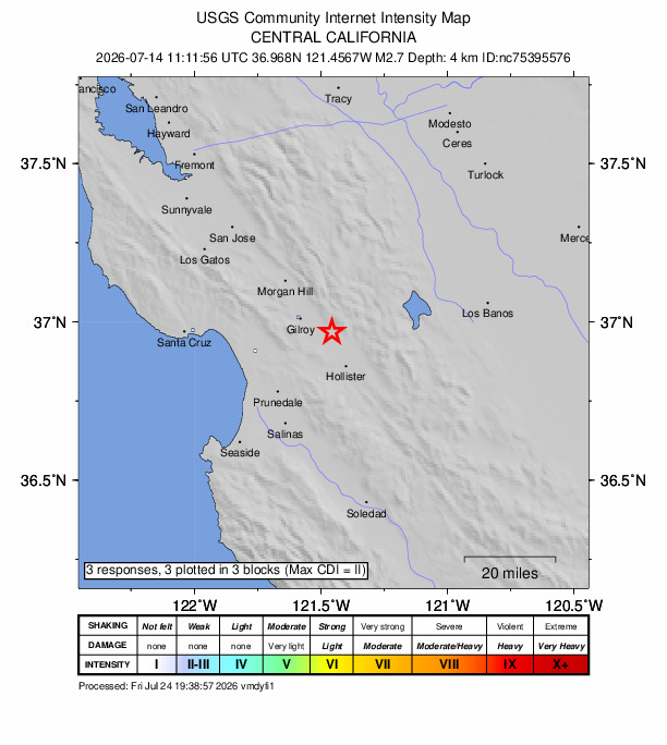 USGS DYFI community-reported intensity map for the M2.7 earthquake near 11 km ESE of Gilroy, CA