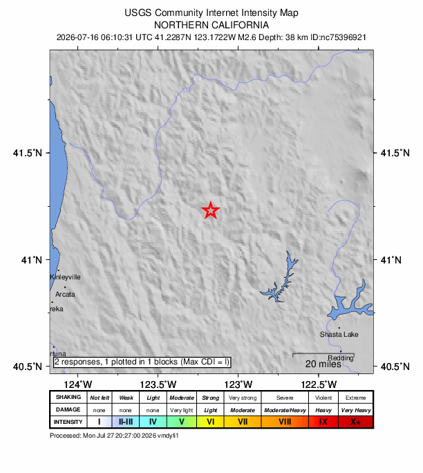 USGS DYFI community-reported intensity map for the M2.6 earthquake near 30 km ESE of Somes Bar, CA