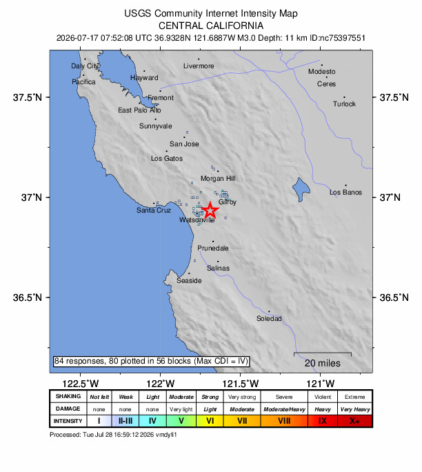 USGS DYFI community-reported intensity map for the M3.0 earthquake near 5 km ESE of Interlaken, CA