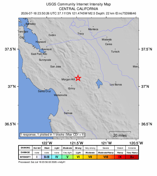 USGS DYFI community-reported intensity map for the M2.5 earthquake near 12 km ENE of San Martin, CA