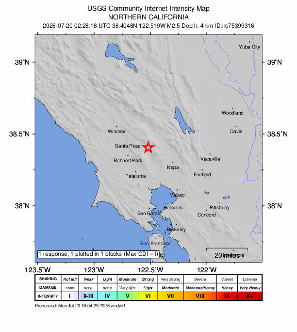 USGS DYFI community-reported intensity map for the M2.5 earthquake near 3 km ESE of Kenwood, CA